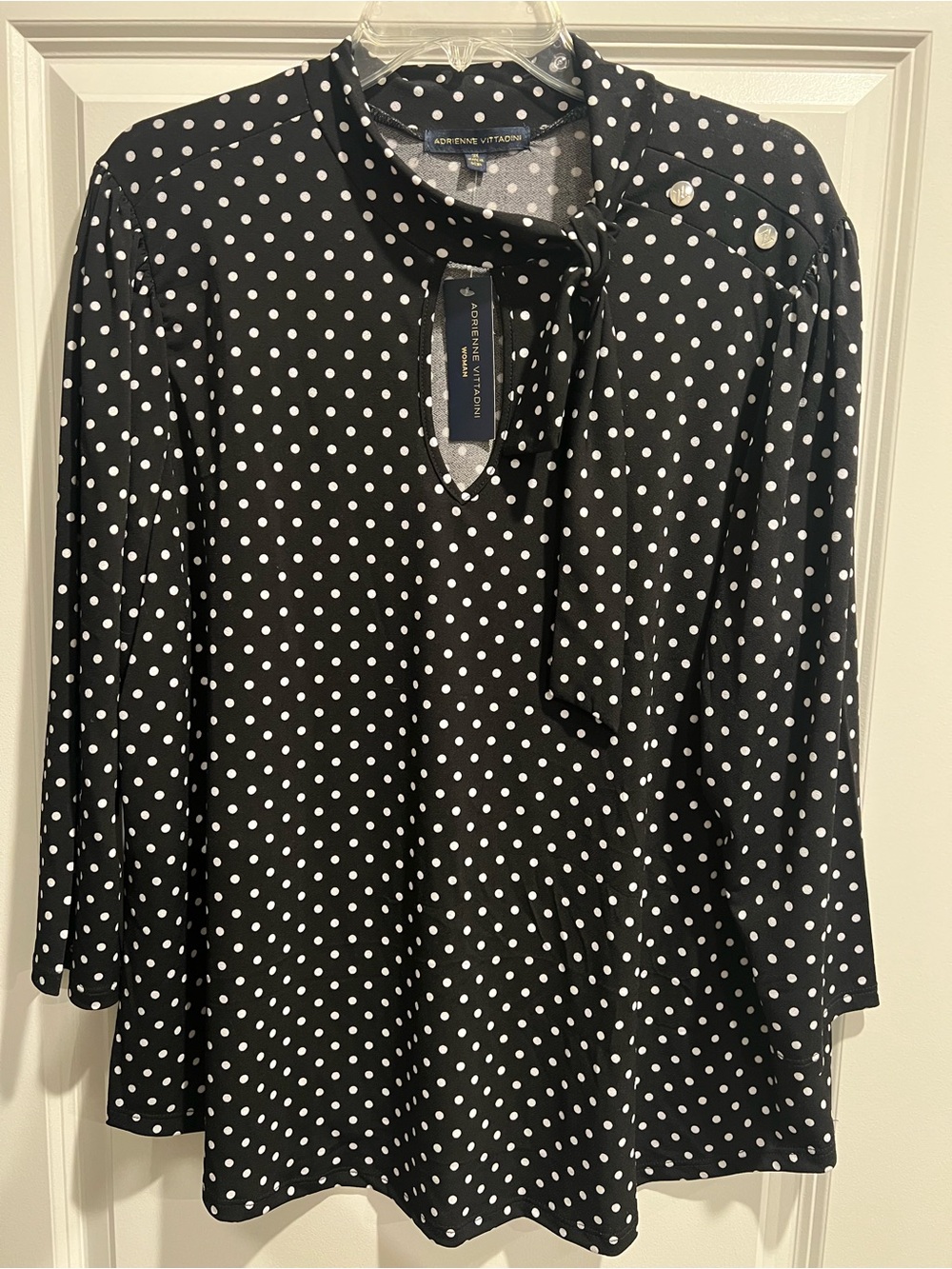 Adrienne Vittadini Black and White Polka Dot Tie-Neck Top